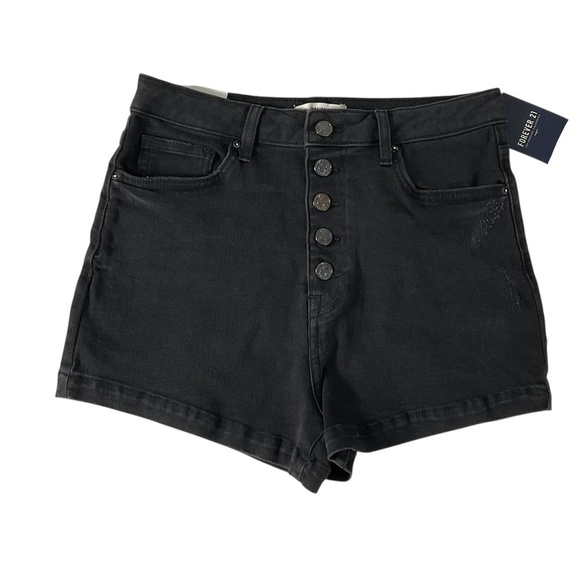 Forever 21 High Rise Black Denim Shorts Size 27 Button fly NWT distressed - Picture 2 of 10